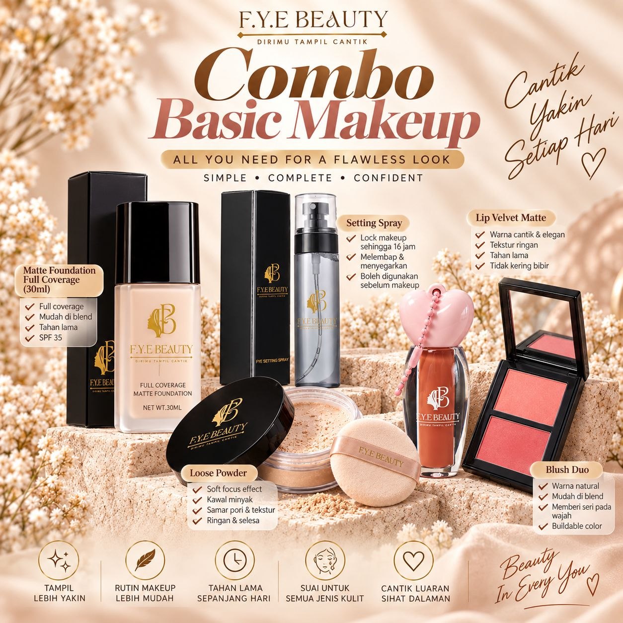 COMBO BASIC MAKEUP (SETTING SPRAY - MATTE FOUNDATION(30ML) - LIP VELVET MATTE - LOOSE POWDER - BLUSHER)